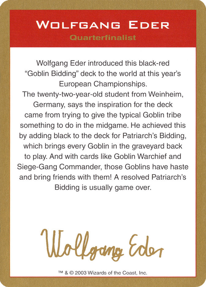 Wolfgang Eder Bio [World Championship Decks 2003] | Exor Games Dartmouth