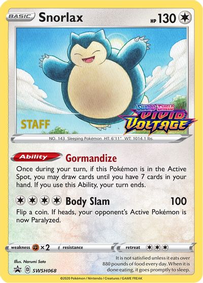 Snorlax (SWSH068) (Staff Prerelease Promo) [Sword & Shield: Black Star Promos] | Exor Games Dartmouth