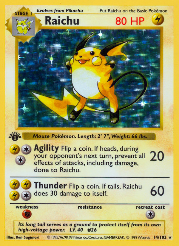 Raichu (14/102) (Shadowless) [Base Set 1st Edition] | Exor Games Dartmouth