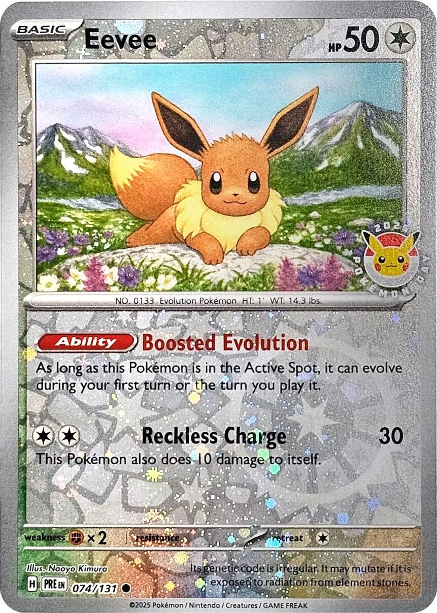 Eevee (074/131) (Pokemon Day 2025) (Reverse Cosmos Holo) [Scarlet & Violet: Prismatic Evolutions] | Exor Games Dartmouth