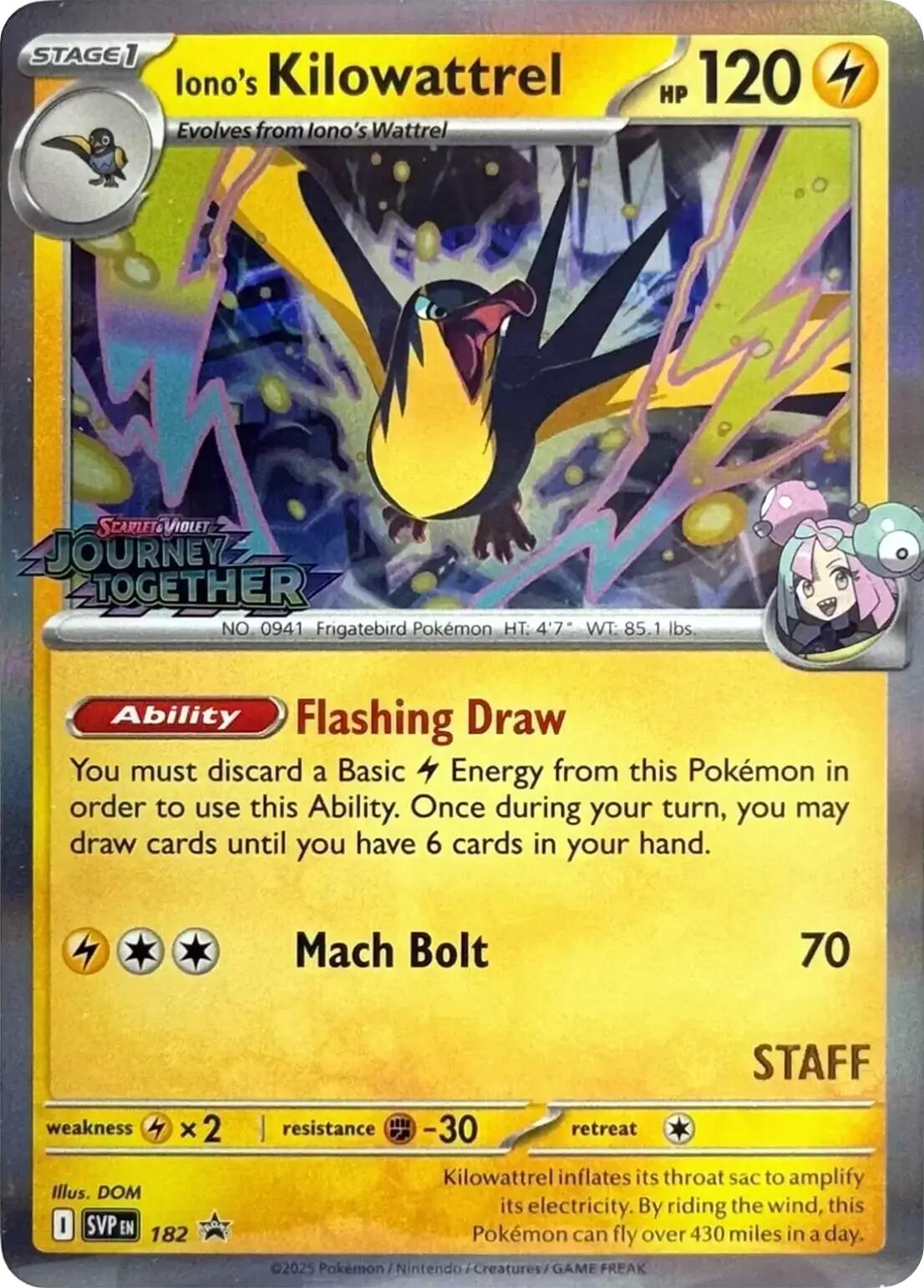 Iono's Kilowattrel (182) (Prerelease Staff) [Scarlet & Violet: Black Star Promos] | Exor Games Dartmouth