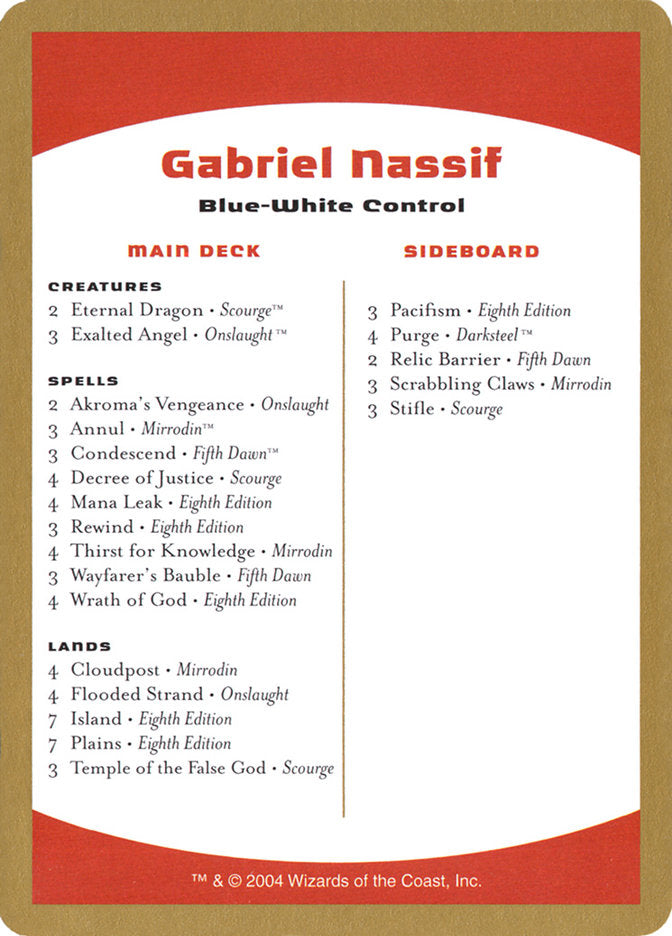 Gabriel Nassif Decklist [World Championship Decks 2004] | Exor Games Dartmouth