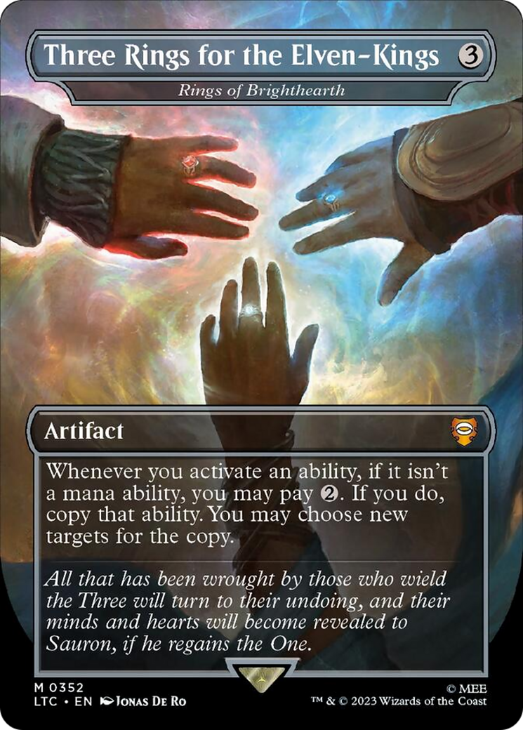 Three Rings for the Elven-Kings - Rings of Brighthearth (Borderless) (Surge Foil) [The Lord of the Rings: Tales of Middle-Earth Commander] | Exor Games Dartmouth