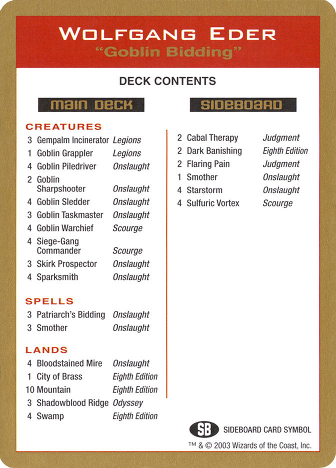 Wolfgang Eder Decklist [World Championship Decks 2003] | Exor Games Dartmouth