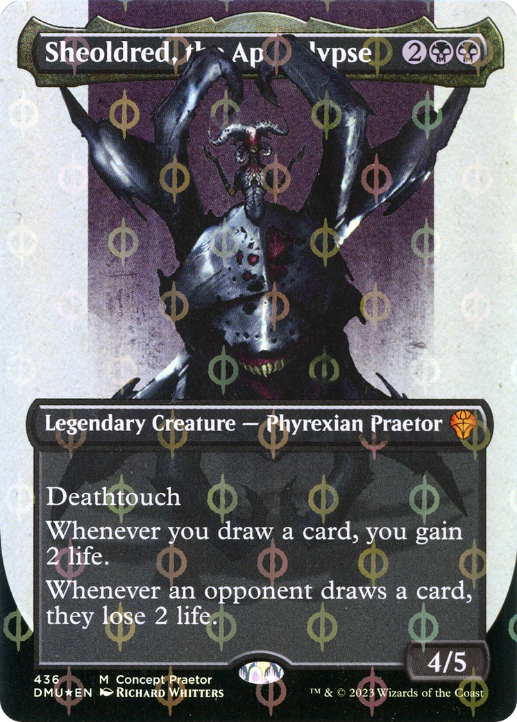 Sheoldred, the Apocalypse (Borderless Concept Praetors Step-and-Compleat Foil) [Phyrexia: All Will Be One] | Exor Games Dartmouth