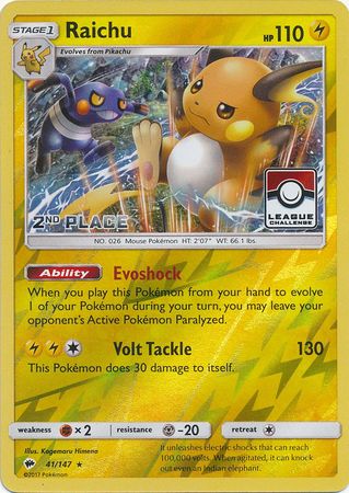 Raichu (41/147) (League Promo 2nd Place) [Sun & Moon: Burning Shadows] | Exor Games Dartmouth
