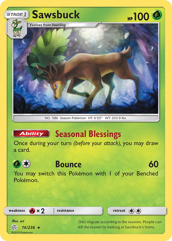 Sawsbuck (16/236) (Prerelease Kit Exclusive) (Theme Deck Exclusive) [Sun & Moon: Cosmic Eclipse] | Exor Games Dartmouth