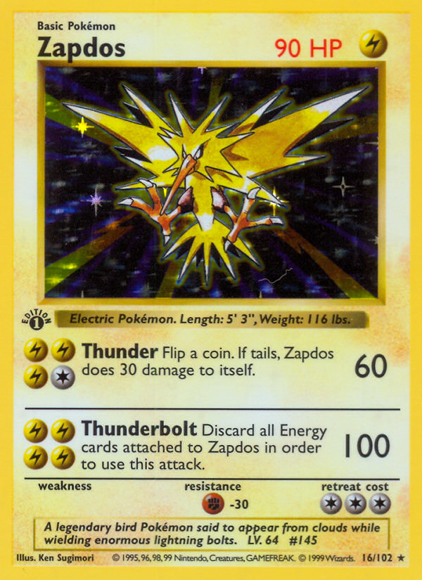 Zapdos (16/102) (Shadowless) [Base Set 1st Edition] | Exor Games Dartmouth