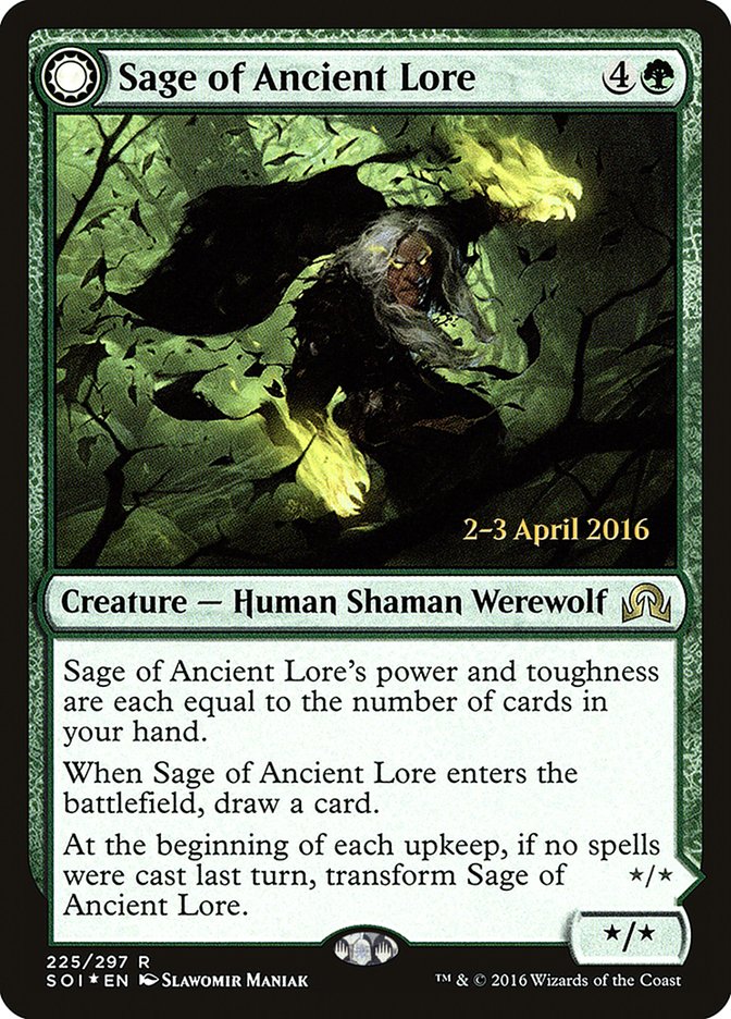 Sage of Ancient Lore // Werewolf of Ancient Hunger [Shadows over Innistrad Prerelease Promos] | Exor Games Dartmouth