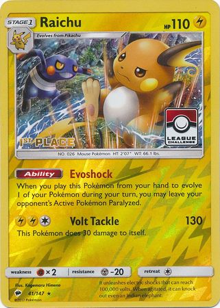 Raichu (41/147) (League Promo 1st Place) [Sun & Moon: Burning Shadows] | Exor Games Dartmouth