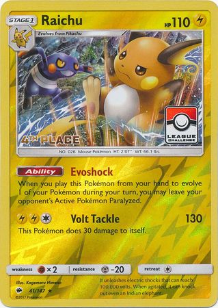 Raichu (41/147) (League Promo 4th Place) [Sun & Moon: Burning Shadows] | Exor Games Dartmouth